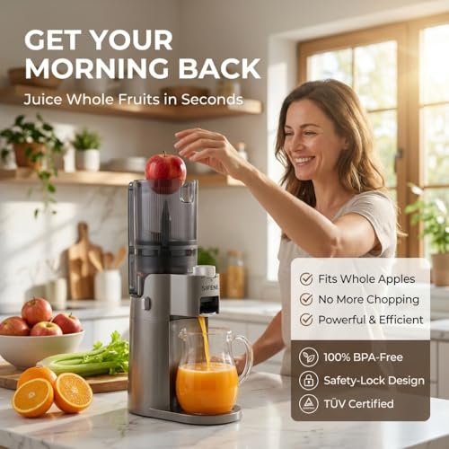 Image of SIFENE Cold Press Masticating Juicer for Whole Produce, 100mm Chute, Gray | 600ml juice cup and 800ml pulp cup, 60 RPM slow squeeze, reverse function, BPA-free food-contact parts, apple and celery prep