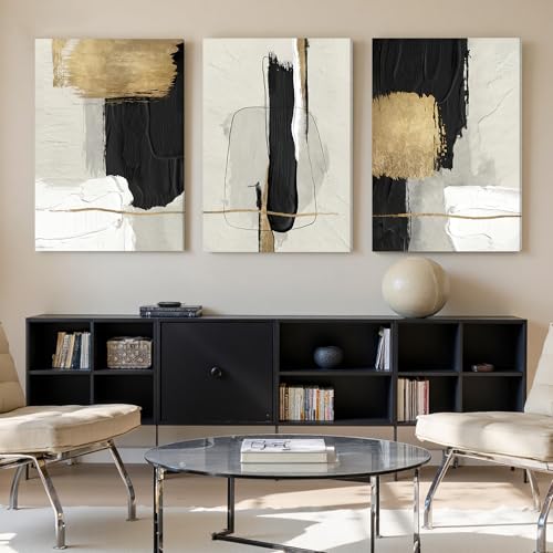 Image of DUWQU Abstract Brushstrokes Canvas Wall Art Black White Gold 24x36 inch x3 | Wooden frame, UV-resistant ink, Giclee printing process, Pre-installed hooks make it easy to hang home or office wall decor