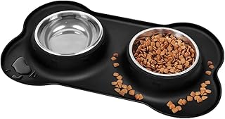 Puppy Bowls, Cat Bowl YOKA Puppies Bowl Non Slip Stainless Steel Double Bowl with Non-Spill Silicone Mats Tray for Cats Puppies Food Water Feeding (200ml Each Bowl, Black)