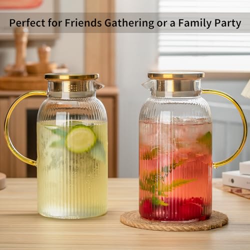 image for Buaic 2 PACK Glass Pitcher with Lid, 68 oz/ 2 Liter Classic Vertical S