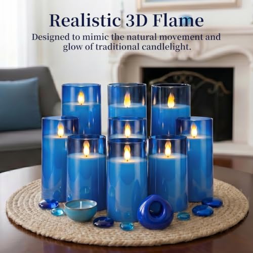 Image of Homemory Blue Flameless LED Pillar Candles with Remote Timer, Set of 9