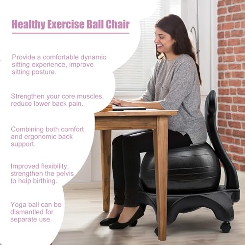 Generisch Yoga Ball Silla de oficina con base y soporte para la espalda, pelota de estabilidad de equilibrio para una mejor postura y comodidad