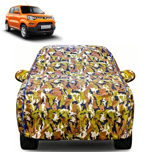 Image of Waterproof Car Body Cover for Maruti Suzuki S-Presso with Mirror Pocket| Cotton Inner Lining | Triple Stitched | All Weather Protection | Dust, UV & Rain Proof (Camouflage with Blue Piping)