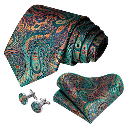 Image of 5PCS Mens Silk Designer Tie, Pocket Square, Cufflinks, Drilled Tie Ring and Lapel Pin Set for Wedding Groom Party