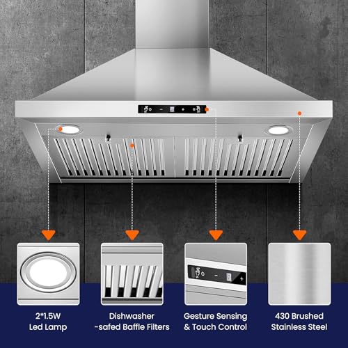 Image of Wall Mount Range Hood 30 inch, 800 CFM Kitchen Hood Stainless Steel Stove Vent Hood with Gesture Sensing & Touch Control, Ducted /Ductless Convertible Duct, 3-Speed Fan, LED Lights, Baffle Filters
