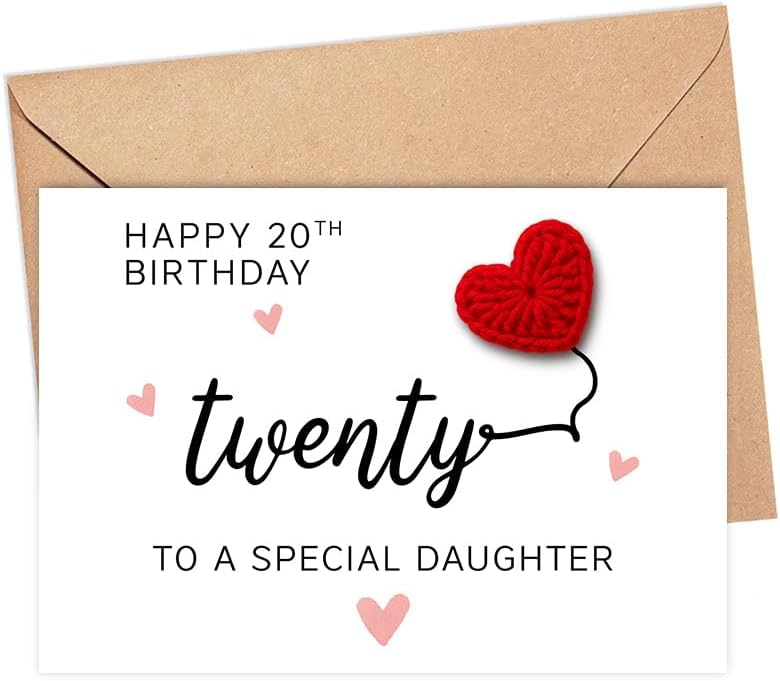 Happy 20th Daughter Birthday Card - Handmade Crochet Heart - 20th Birthday Card For Daughter - 20 Th Special Girl Crochet Cards - Twenty Bday - Girl 20 Th Bday - Cards For Girls