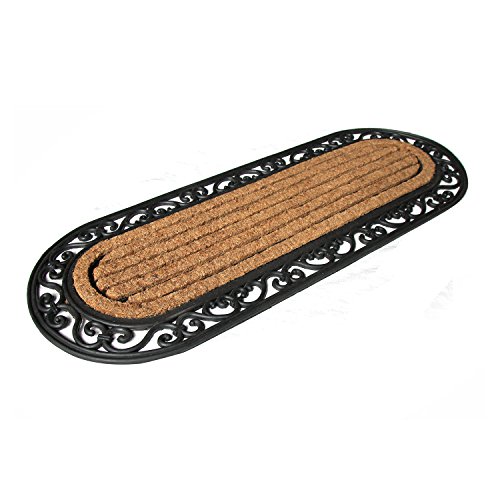 Image of Onlymat Long Oval Entry Rug, Rubber and Coir Doormat with Non-Slip PVC Backing, Natural Coco Coir Large Front Door Mat with Design Border, Mat for Indoor-Outdoor Use, Brown & Black, 39 inch x17.72 inch