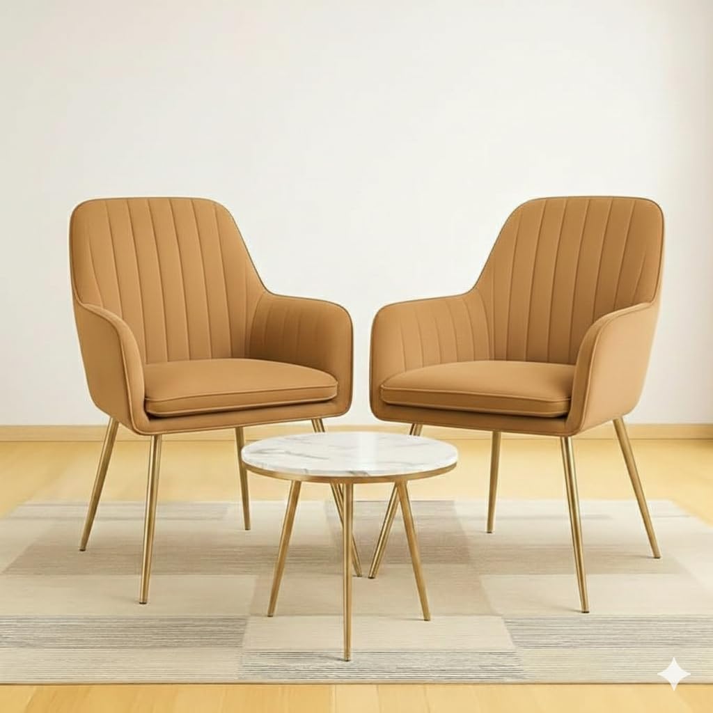 Modern Lounge Chair Set with Round Table | 2 Comfortable Accent Chairs for Living Room & Balcony (Light Brown)