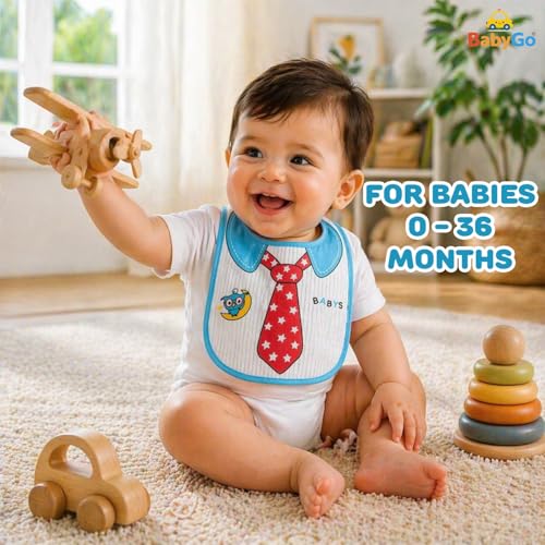 Image of BabyGo Cotton Baby Tie Button Bibs | Soft, Washable Feeding Bibs for Kids, Adjustable, Reusable, Gentle on Skin, Comfortable & Ideal for Mealtime, Perfect for Infants & Toddlers | Multicolor
