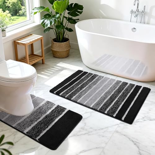SHACOS Badezimmerteppich Set 2 Teilig Badteppich rutschfest Badematte Schwarz Weiche Badezimmer Teppiche Wasserabsorbierend Duschmatte… – Ansicht 1