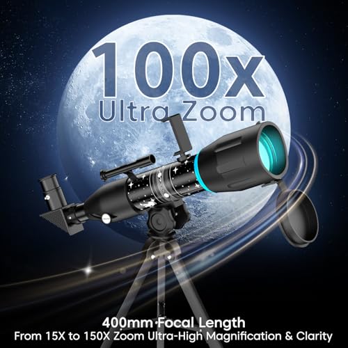 Image of Sounce StellarScope Astronomical Land and Sky Refractor Telescope with 96x Zoom, Fully Multi Coated Glass Optics, Alt Az Mount, Beginners to Explore Moon, Planets, Stars and Deep Sky Objects (Black)