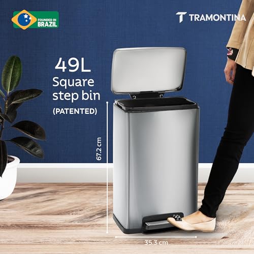 Image of TRAMONTINA 49 Litre Stainless Steel Step Dustbin | Fingerprint-Resistant Finish | Soft-Close Lid | Removable Inner Bucket | Large Trash Can for Office & Hospitality
