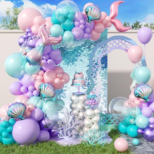 146pcs Mermaid Balloon Arch Kit with Pink Pastel Teal Blue Metallic Purple Clear Balloons for Mermaid Baby Shower Birthday Party Decorations