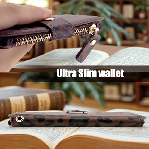 Image of M-Plateau RFID Blocking Keychain Wallet With Leather Wrist Strap | Keychain Wristlet, Womens Card Holder with Zipper Coin Pocket and ID Window (Leopard)