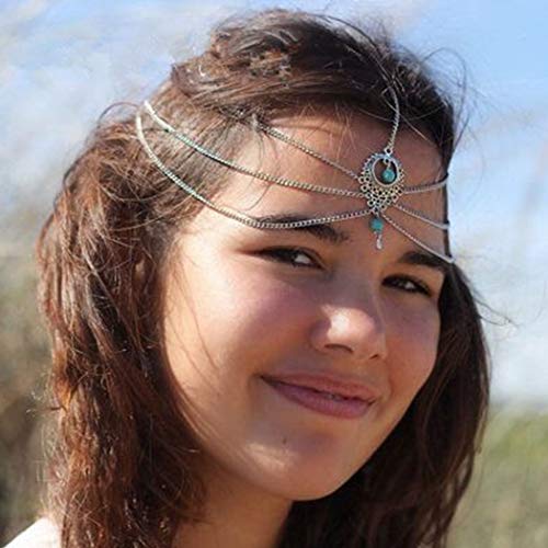 Bohend Boho Wedding Layered Head Chain Silver Turquoise Tassel Festival Headpiece Vintage Drop Bridal Prom Chains Jewelry for Women and Girls