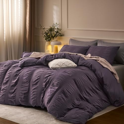 Image of JELLYMONI Seersucker Duvet Cover Set Full, 3pcs Purple-Wide Polyester | In Guest Room & Studio, Single Upgrades Pick, Crinkled Texture, Oeko-Tex Certified, 8 Corner Ties & Hidden Zipper