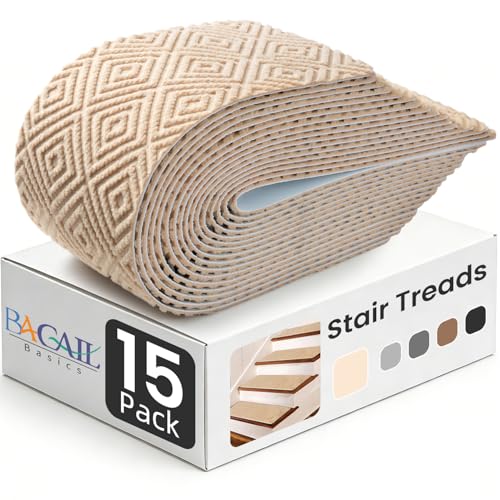 BAGAIL 15 Pack Non-Slip Stair Treads for Wooden Steps, 8'x30' Peel and Stick Carpet Stair Runners, Machine Washable Indoor Step Covers with No-Residue Adhesive for Dogs, Kids & Elderly - Beige