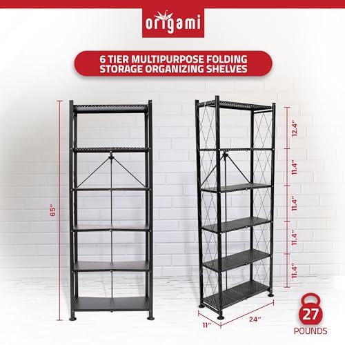 Image of Origami 6 Tier Classic Stamped Metal Storage Shelves for Books, Decor, Vinyl Records, and Garage Organization and Storage, Black