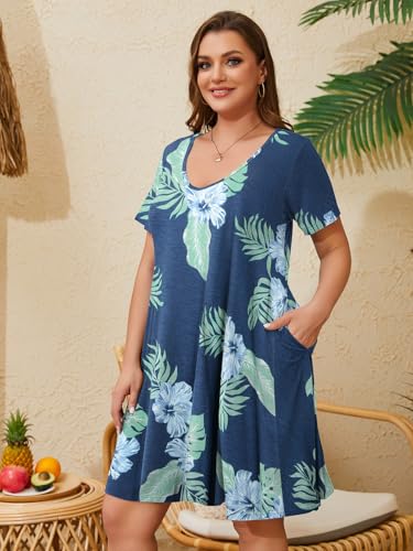 Image of ZENNILO Women's Plus Size Swing Dress with Pockets Casual Summer Dresses V Neck Short Sleeve T Shirt Dress for Women