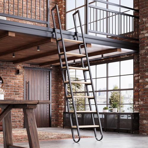 9.35FT Industrial Style Loft Ladder 7 Steps with Black Steel Handrails & Solid Wood Steps 450lbs Capacity Fits 7.2-8FT Installation Height for Attic Kitchen Warehouse Bookshelf& Outdoor