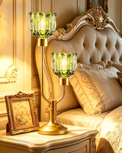 Image of Lightdot Flower Table Lamp for Bedroom Vintage Green Glass Lamp Dimmable | Mid Century Modern Gold Desk Lamp 2 Bulbs Included Warmwhite Ambient Nightstand Bedside Lamps for Living Room Home Decor Gift