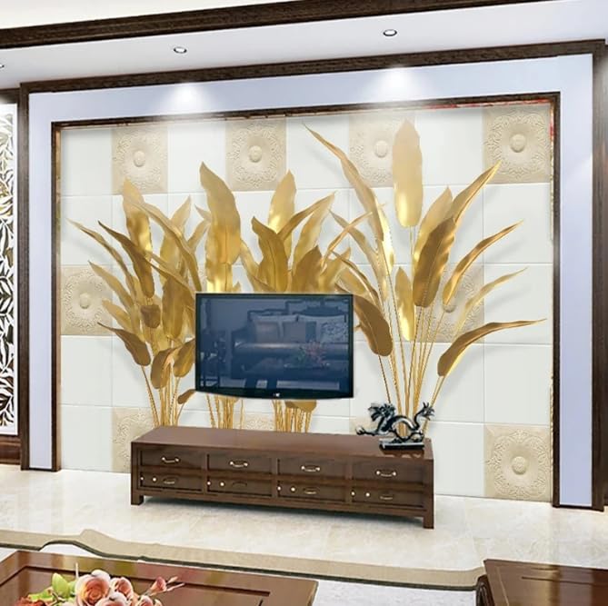 Décoration de salon avec le tableau mural 3D doré feuille de banane XXL