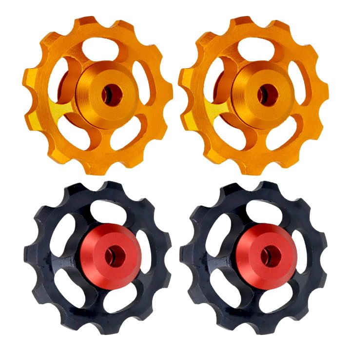 Semetall 11T Aluminum Sealed Bearing Jockey Wheel Rear Derailleur Pulley-Bike Rear Derailleur Pulley Accessories-4Pcs（Black Red + Orange）