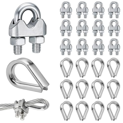 24-tlg. M4 Drahtseilklemmen Set Edelstahl 304 12x Seilklemme + 12x Kausche Rostfreies Zubehör für Drahtseile Wäscheleinen & Garten Silber
