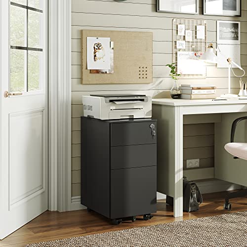 Image of DEVAISE Slim File Cabinet, 3 Drawer Mobile Filing Cabinet for Letter /Legal /A4 Files, Fully Assembled Except Wheels, Black