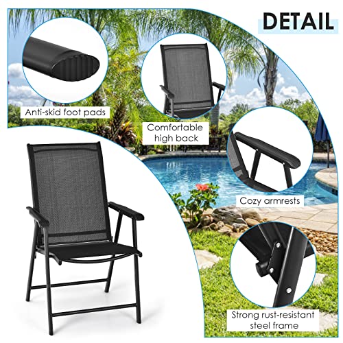 Image of Giantex Set of 2 Patio Folding Chairs, Portable Outdoor Dining Chairs with Armrest for Porch Camping Pool Beach Deck Lawn Garden, Metal Frame, Black