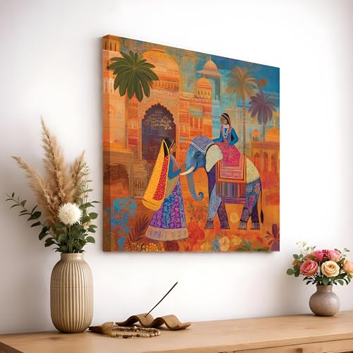Image of PAINTINGMANTRA Rajasthani Elephant Art Stretched Canvas Painting for Living Room | Indian Ethnic Painting Wall Decor Art For Livingroom, Bedroom, Office, Hallways - 34x34 Inch