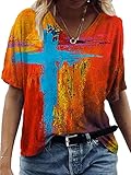 Women's Vintage Oil Painting Faith Jesus Art Cross Print Casual T-Shirts Tie Dye V Neck Short Sleeve...