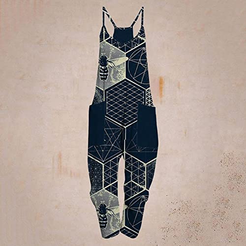 Dasayo Women's Spaghetti Strap Baggy Jumpsuits With Big Pockets Patchwork Casual Patterned Long Rompers Sleeveless Jumpsuit #TOP1