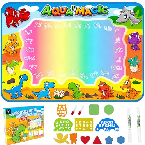 Image of Water Doodle Mat for Toddlers 1-3: Mess-Free Car Travel Coloring Toy, Dries in 5-10 Mins for Endless Play, Dinosaur Aqua Drawing Pad with Reverse-Twist Leak-Proof Pens, Gifts for 1-4 Year Olds Kids