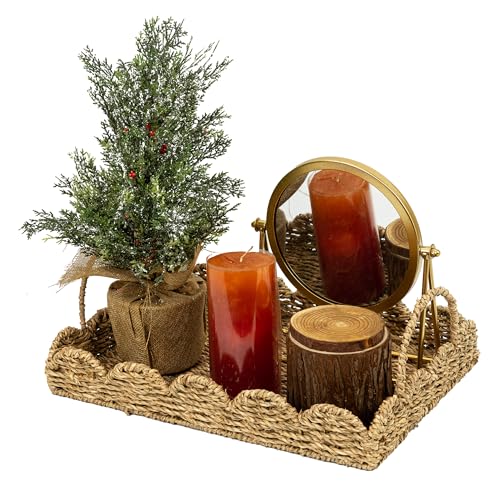 14" Handmade Wicker Tray with Scalloped Edge, Seagrass Basket wit...