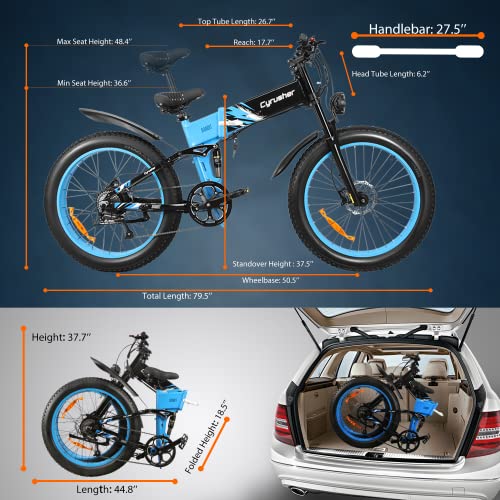 Cyrusher Bandit Folding Ebike 750W Motor 48V 13Ah Battery 26" X 4.0" All Terrain Fat Tire Electric Bike For Adults Shimano 9-Speed Front Fork+Rear Spring Suspension 3.7'' Lcd Display (Black) #TOP5