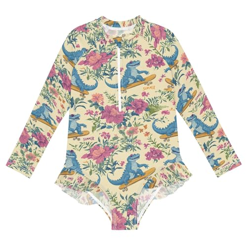 ALAZA Crocodile Floral Blossom Girls One Piece Swimsuit Long Sleeve Rash Guard Swimsuits UV 50+ Swimwear Zipper