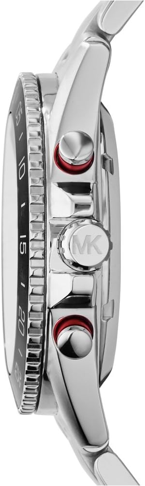Side view of Michael Kors Jet Master MK9011 watch showing the crown and two red-accented pushers.