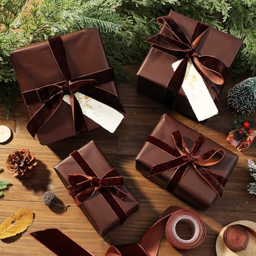 Ctosree Brown Christmas Wrapping Paper Set with 32.81 ft Wrapping Kraft Paper 45 ft Velvet Ribbon 12 Gift Tags Holiday Kraft Gift Wrap Kit for Birthday Baby Shower Wedding Handmade Crafts