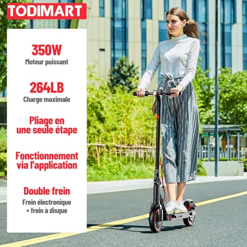 TODIMART T3 Trottinette Electrique Adulte Ultra Legere, Autonomie 30km Trotinette Électrique Pliable Moteur 350W Batterie 36V 7.8Ah, pneus nid d'abeille increvables, Scooter Electrique Adulte – Image 4
