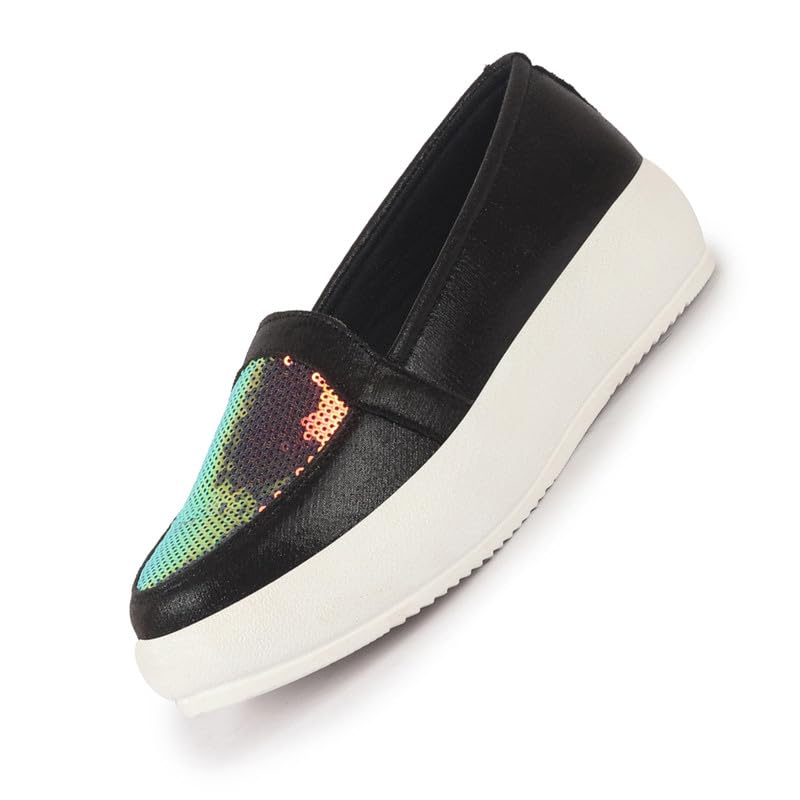 Women Embellished Slip On Ballerina | Sequin Panel Platform Loafers | Party Wedding Glitter Casual Sneaker Shoes | Memory Cusion Insole-image-44