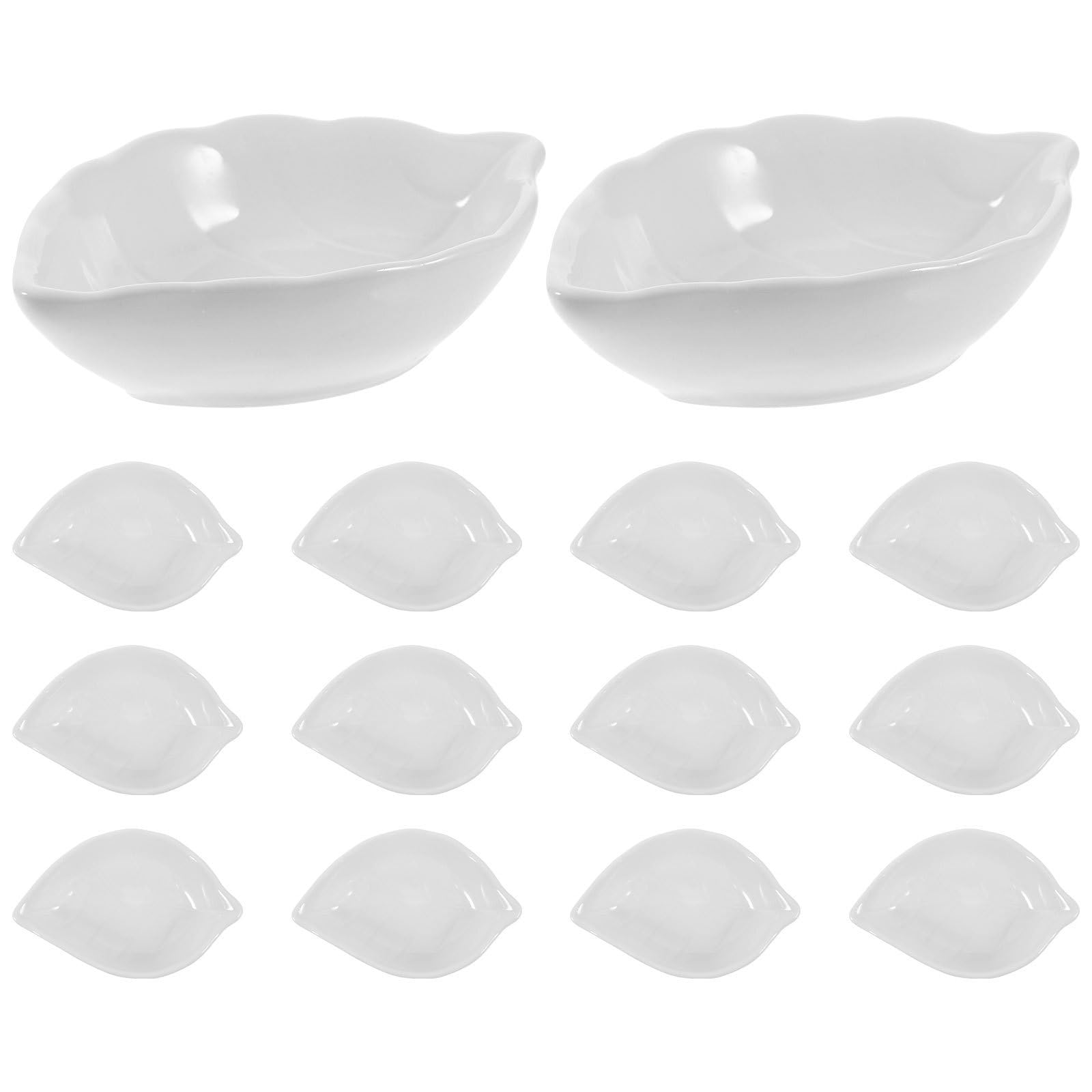 jojofuny Juego de 14 Platos de Condimentos de Cerámica Blancos Forma de Hoja para Mesa de Comedor y Restaurante, Ideales para Salsas y Aperitivos