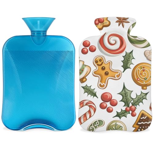 Hot Water Bottle with Soft Cover,2L Bright Gingerbread Man Hot Water Bag for Hot and Cold Compress, Hand Feet Warmer, Rubber Hot or Cold Water Bottle Halloween Christmas Decorations