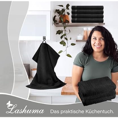 Lashuma 4er Set Frottee Geschirrtücher 50x50 cm, Linz Baumwoll Küchenhandtücher Schwarz – Bild 4
