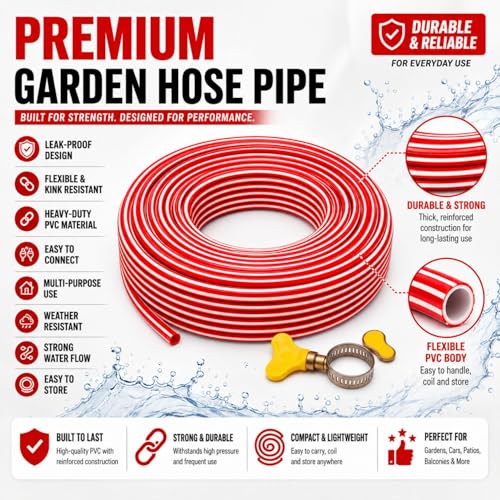 Image of Multi-Purpose Hose Pipe Set with 1 Clamp - Flexible, Leak-Proof Garden Hose for Home, Car Wash & Lawn Use | Heavy-Duty PVC Material, Easy to Connect & Store (15 meter, 0.5 Inch)