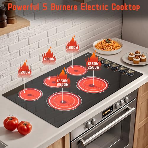 Image of Electric Cooktop 34.25 Inch(Cut-out Size: 34.25 inchx19.3 inch) - 5 Burner Electric Stove Top with 8400W, 36 Inches Built-in Ceramic Stove, Overheat Indicator, Knob Control, 220V - 240V Hard Wired