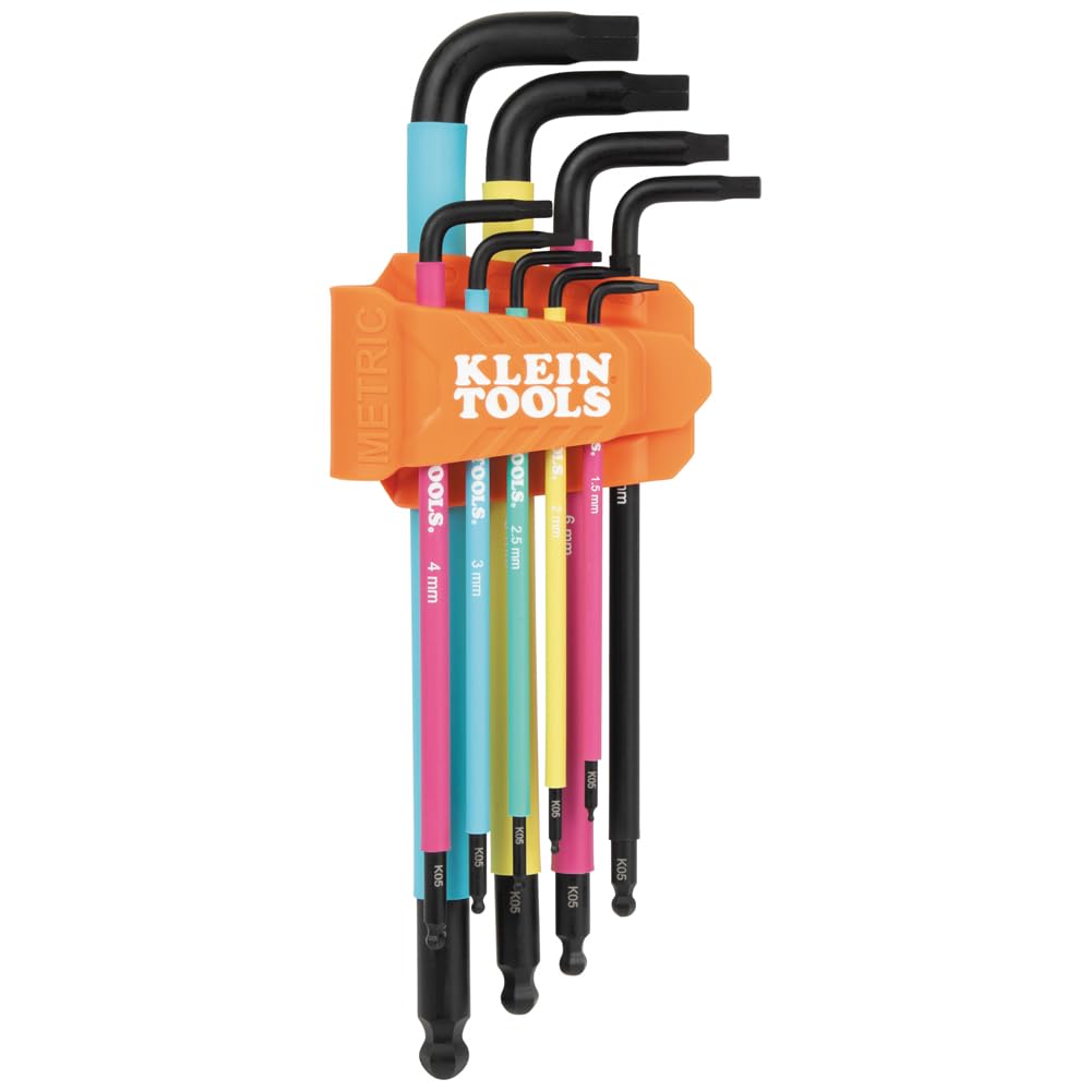 Klein Tools BLS9M 9-Piece Metric Ball End Hex Key Caddy Set, Color-Coded L Style, Extra-Long, Heat-Treated, 1.5 to 10 mm