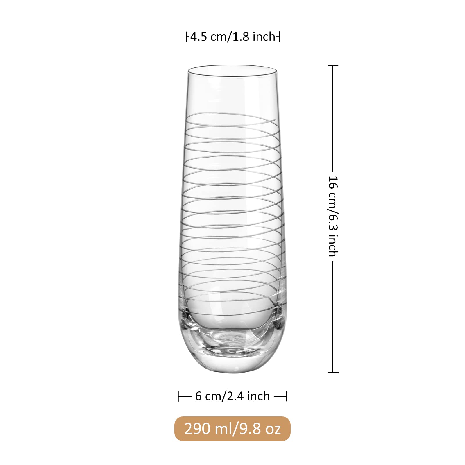 Joeyan 290ml Flute di Champagne Senza Stelo Inciso - Set di 4 Bicchiere da Champagne con Modello di Punti e Linee - Calici da Vino per Casa, Ristorante, Bar - Regalo per Uomo o Donne