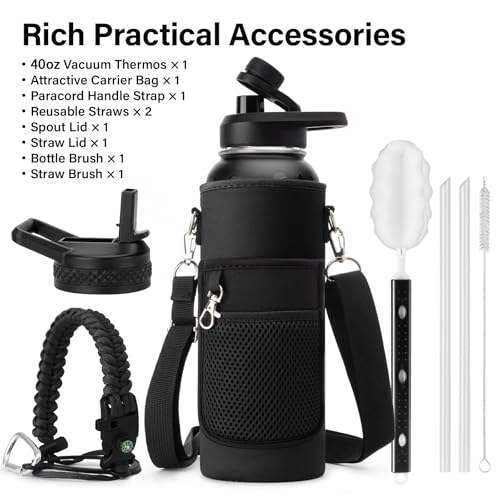 Insulated Water Bottle | Thickened Stainless Steel Vacuum Metal | Portable Sports Water Jug for Gym and Hiking with Straw, Carrier Bag, Handle Strap | BPA-Free 40 oz