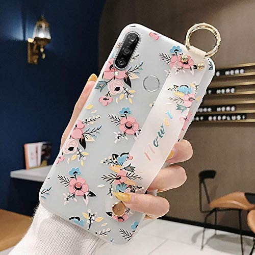 Robinsoni Case Compatible with Huawei P30 Lite Semi-Transparent Floral Flower Pattern Cover for Girls Women TPU Silicone Wrist-Band & Mental Ring Case Glitter Floral Cover Shockproof Bumper Back Case
